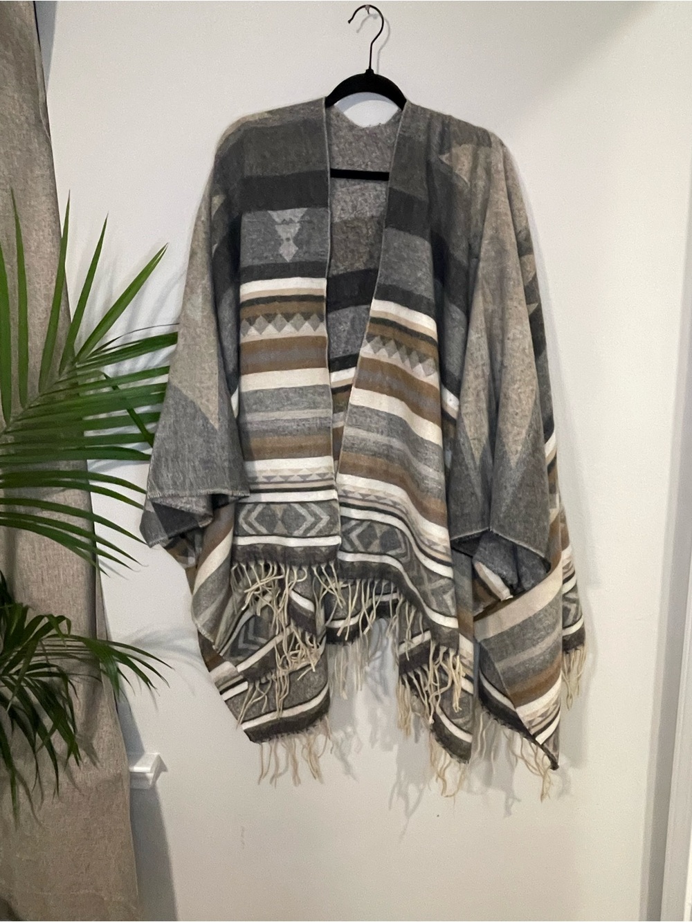 Fringed Open Front Cape in Gray and Brown